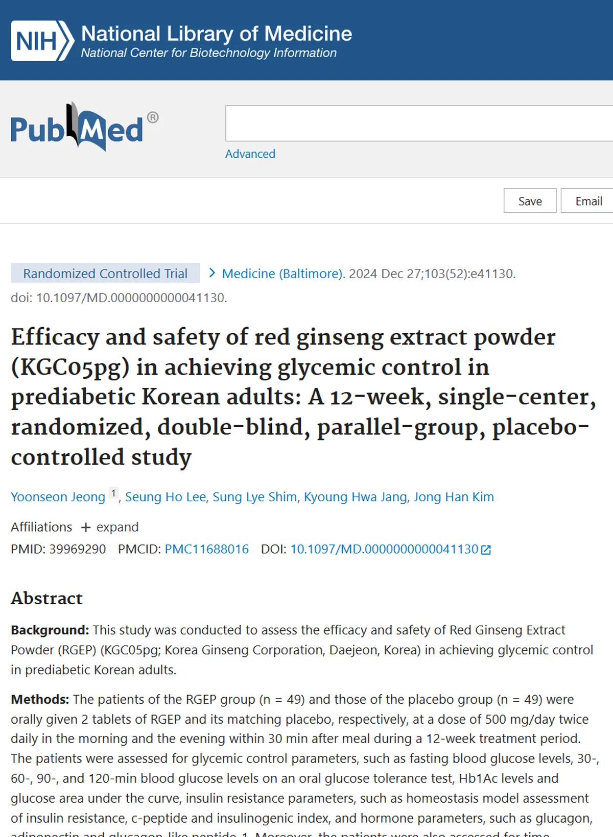 PubMed 上嘅試驗：紅蔘精華粉末（KGC05pg）對韓國糖尿病前期成年人血糖控制嘅功效同安全性