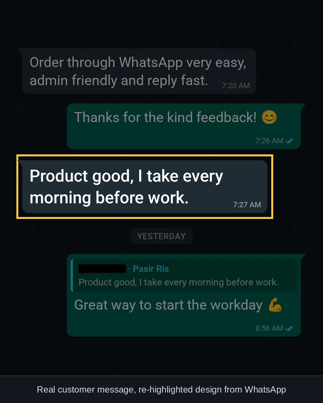 WhatsApp chat with a GLPro Core customer in Pasir Ris: &ldquo;Product good, I take every morning before work.&rdquo;