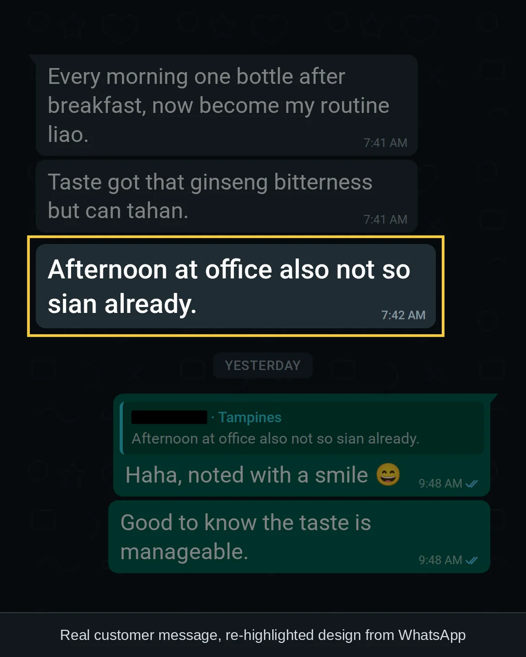 WhatsApp chat with a GLPro Core customer in Tampines: &ldquo;Afternoon at office also not so sian already.&rdquo;