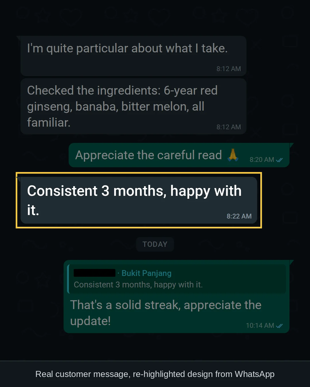 WhatsApp chat with a GLPro Core customer in Bukit Panjang: &ldquo;Consistent 3 months, happy with it.&rdquo;