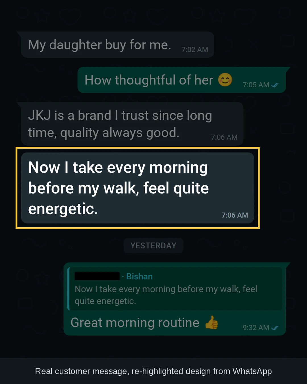 WhatsApp chat with a GLPro Core customer in Bishan: &ldquo;Now I take every morning before my walk, feel quite energetic.&rdquo;