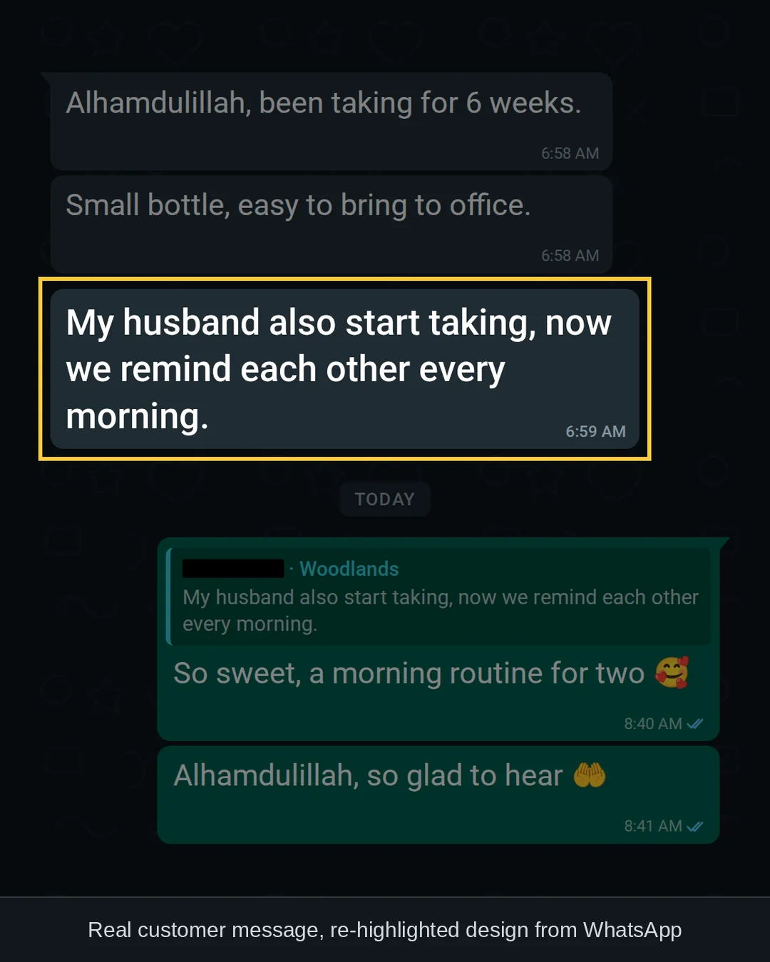 WhatsApp chat with a GLPro Core customer in Woodlands: &ldquo;My husband also start taking, now we remind each other every morning.&rdquo;