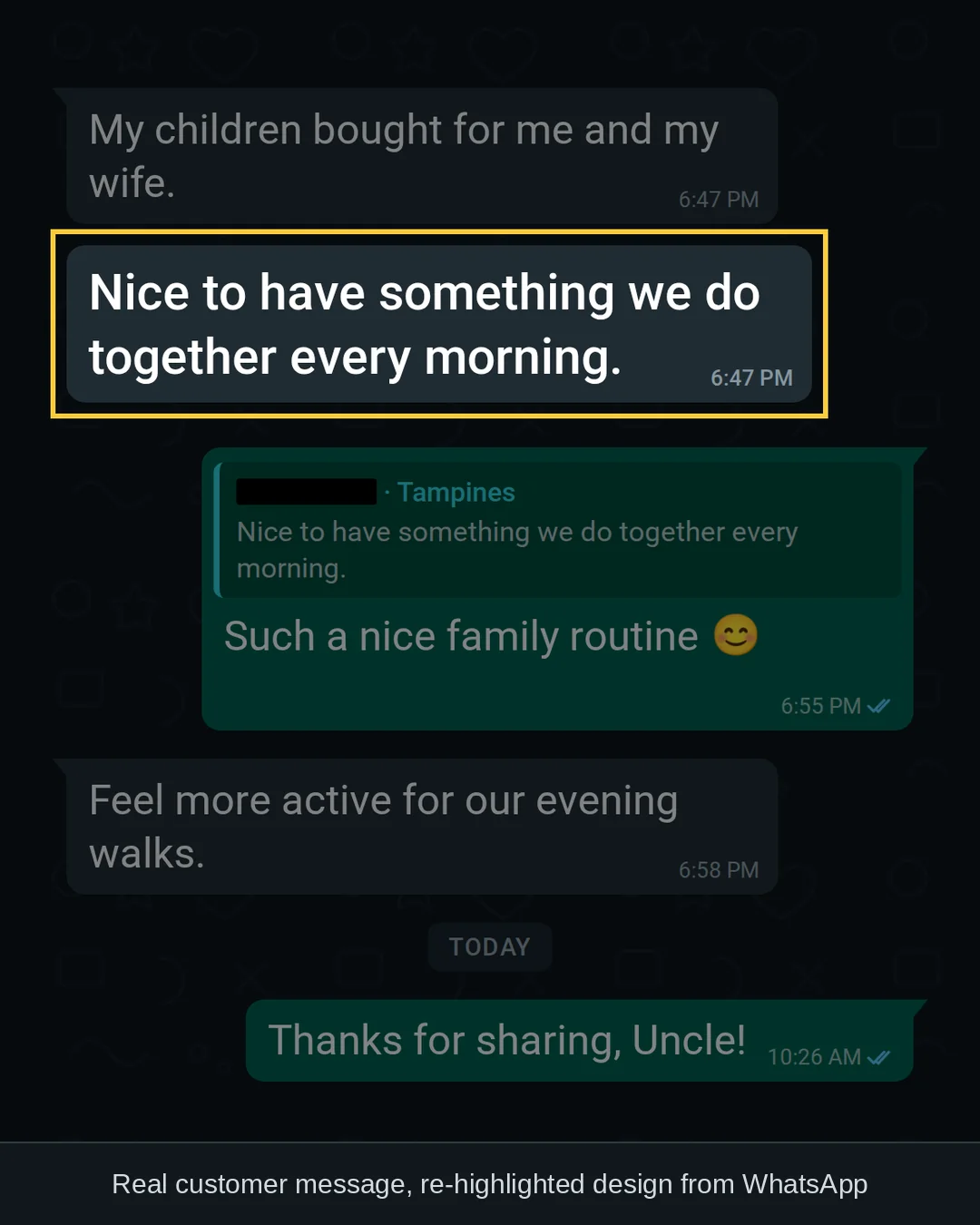 WhatsApp chat with a GLPro Core customer in Tampines: &ldquo;Nice to have something we do together every morning.&rdquo;