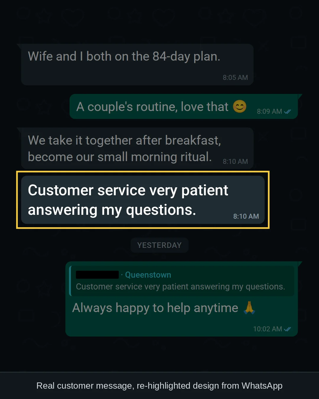WhatsApp chat with a GLPro Core customer in Queenstown: &ldquo;Customer service very patient answering my questions.&rdquo;