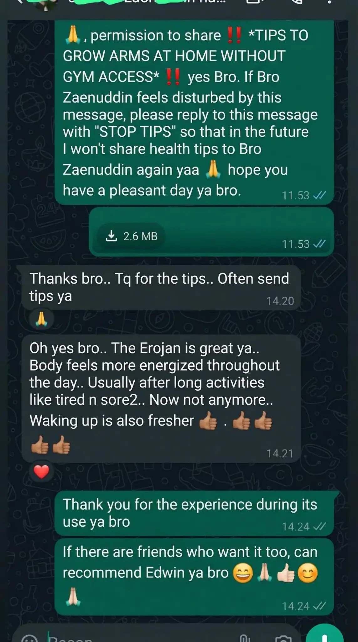 Customer message about EROJAN