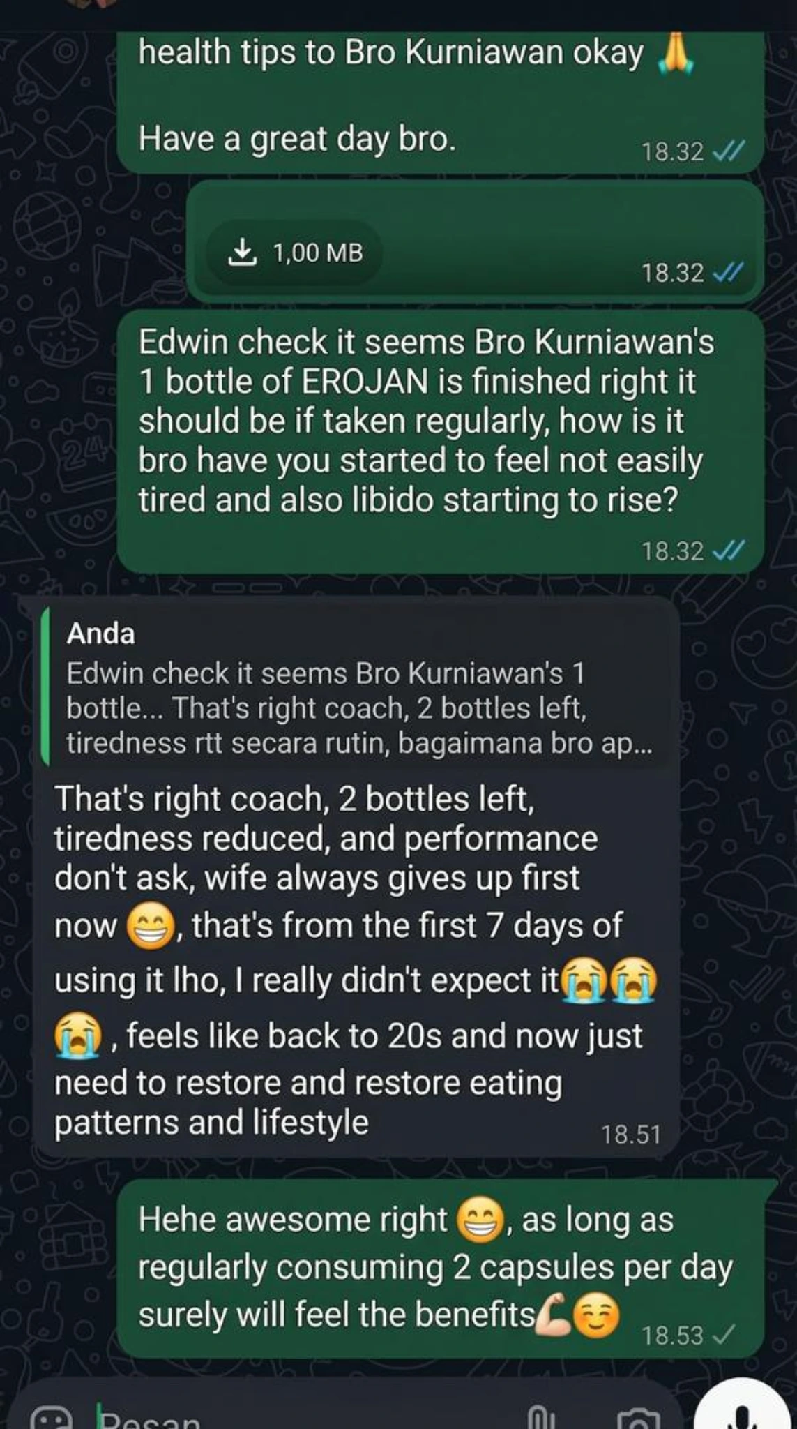Customer message about EROJAN