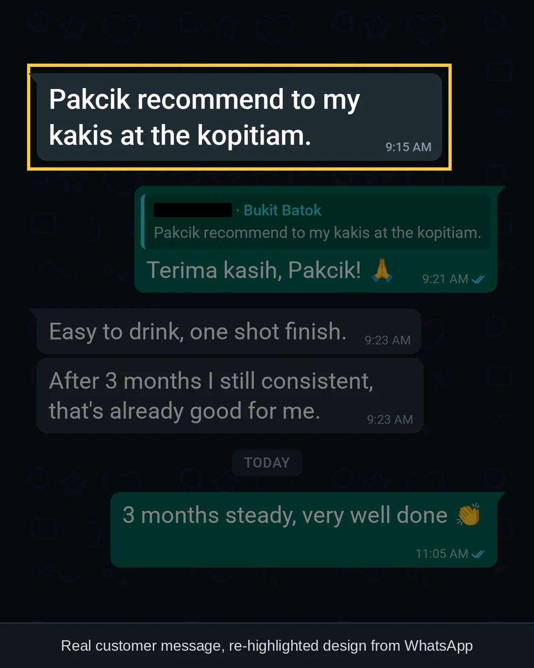 WhatsApp chat with a GLPro Core customer in Bukit Batok: &ldquo;Pakcik recommend to my kakis at the kopitiam.&rdquo;