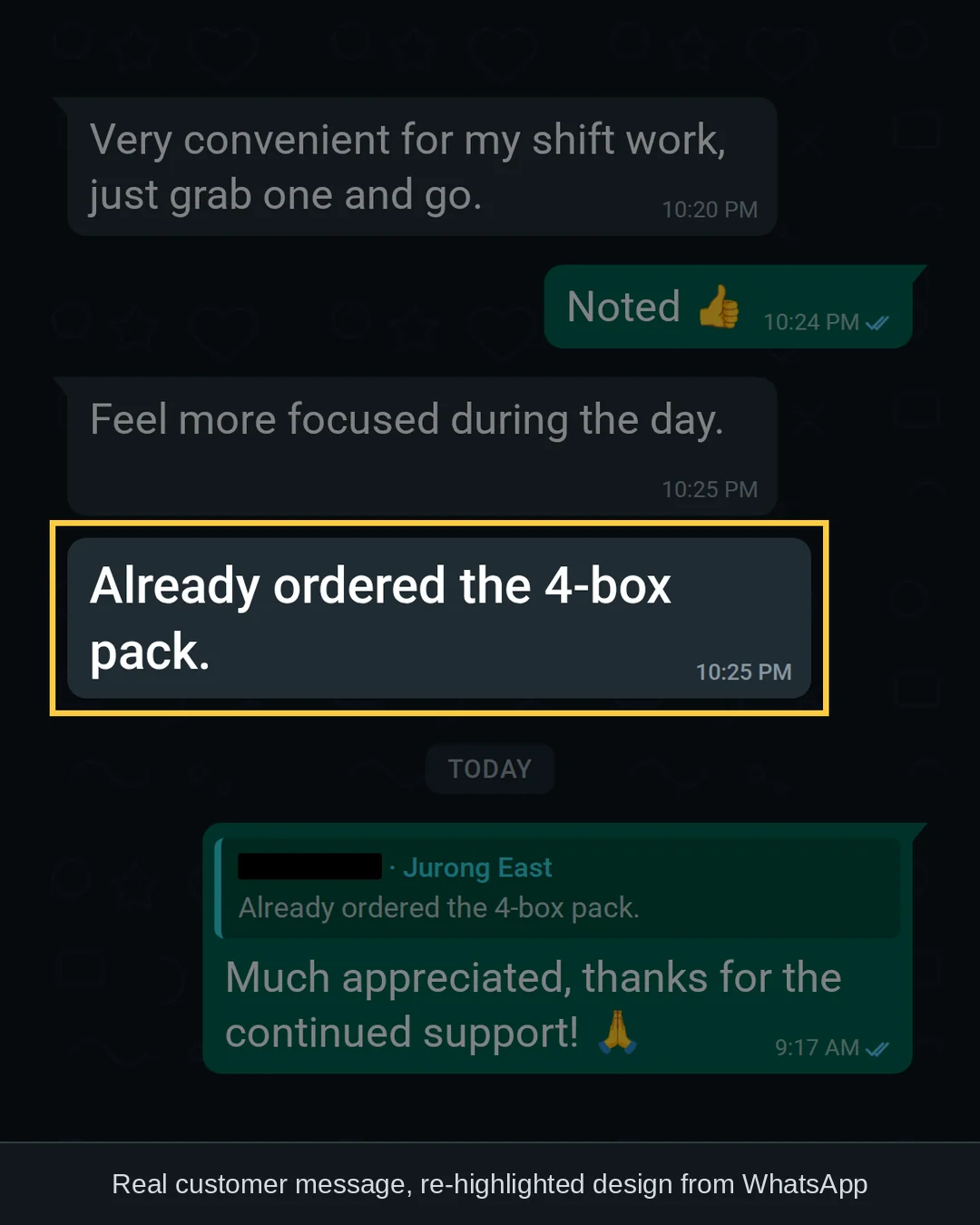WhatsApp chat with a GLPro Core customer in Jurong East: &ldquo;Already ordered the 4-box pack.&rdquo;
