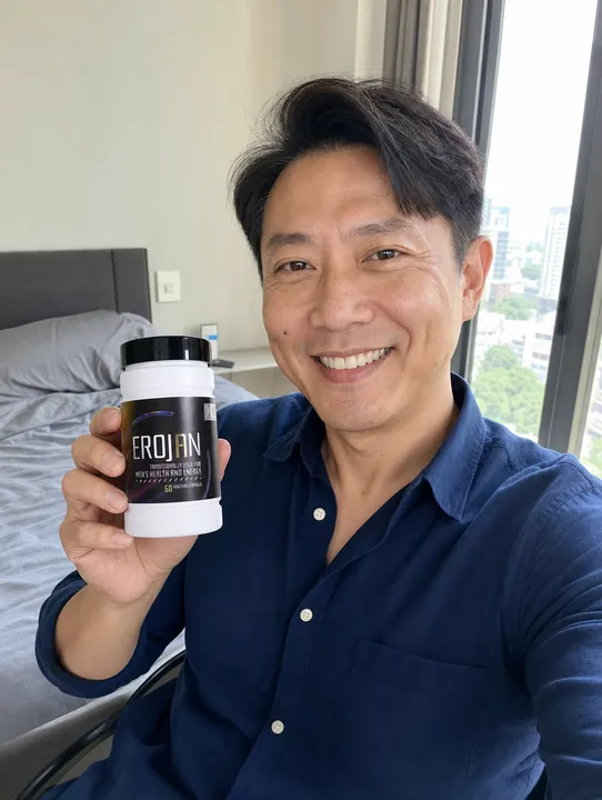 An EROJAN customer in Singapore holding their bottle