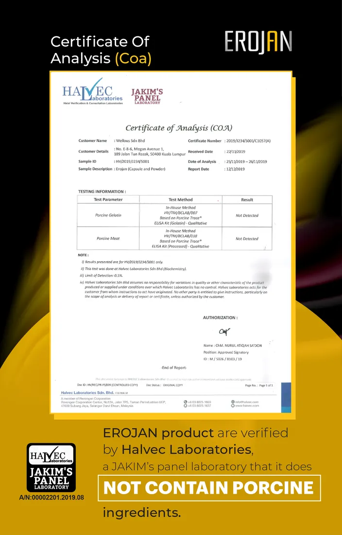 No porcine ingredients, Halvec Laboratories, a JAKIM panel laboratory