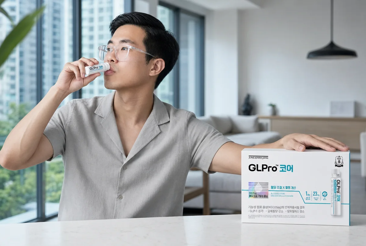 朝早飲 25 mL 嘅 GLPro Core，個盒放喺枱面