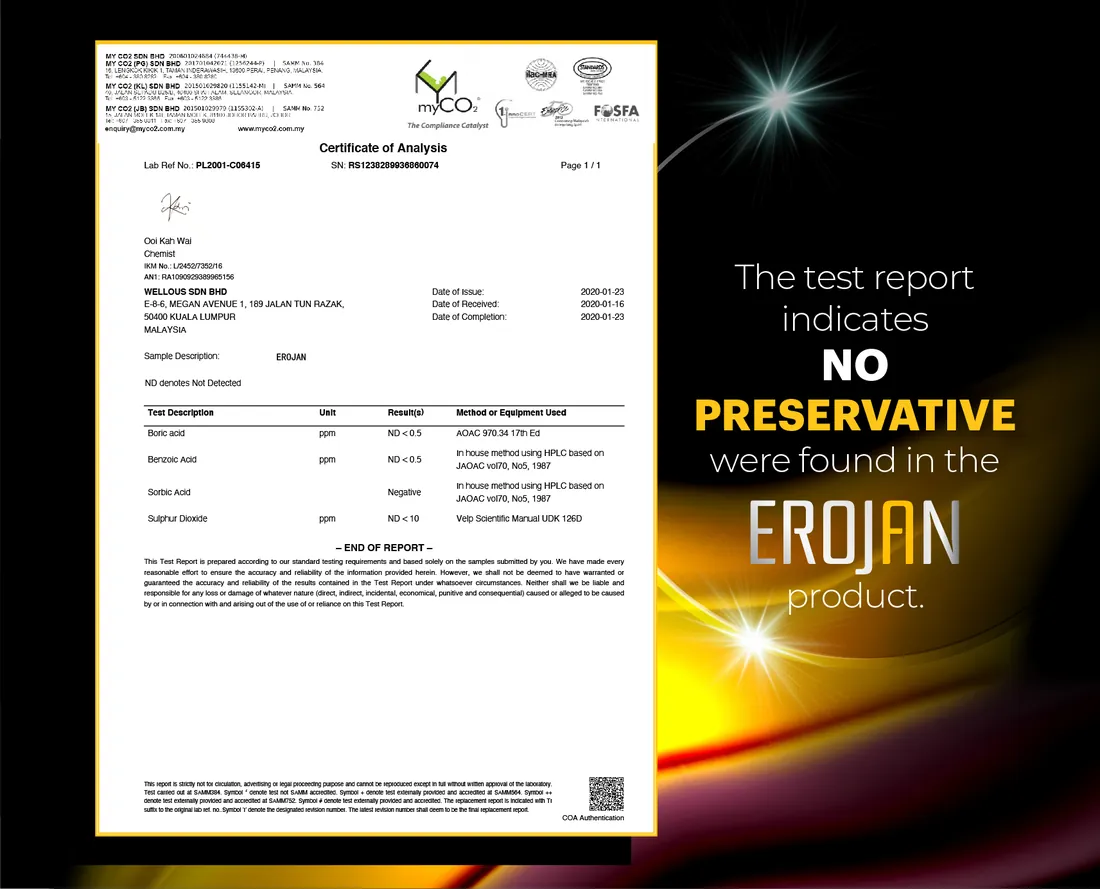 No preservatives detected, Certificate of analysis · accredited laboratory