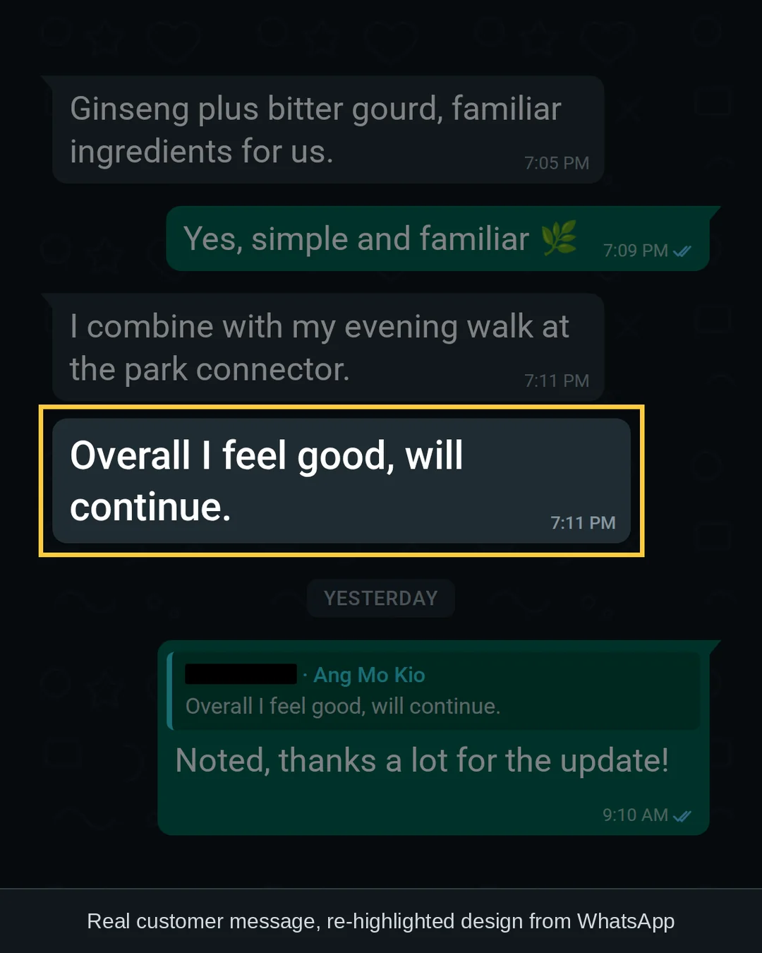 WhatsApp chat with a GLPro Core customer in Ang Mo Kio: &ldquo;Overall I feel good, will continue.&rdquo;